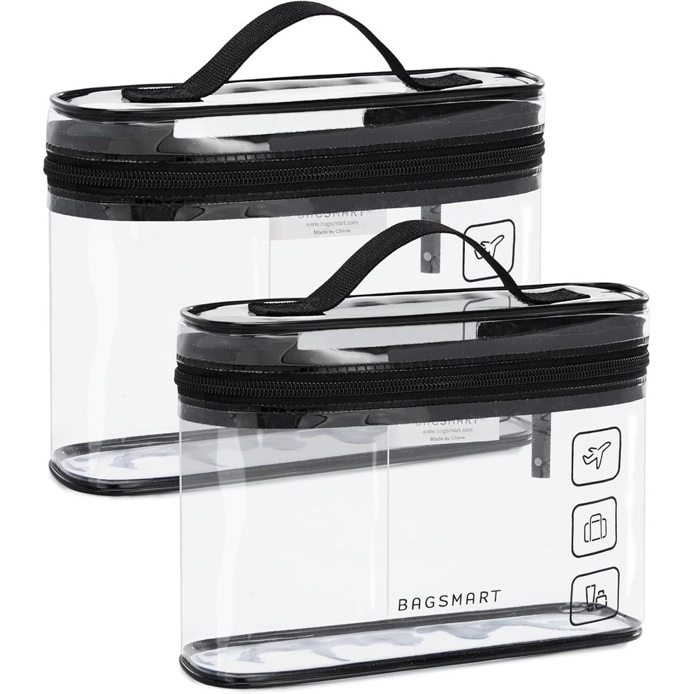 BAGSMART TSA Approved Clear Toiletry Bag two pack front view showcasing transparent design with black trim.