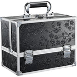 Frenessa makeup train case black floral front view showing textured rose pattern and silver aluminum corners.