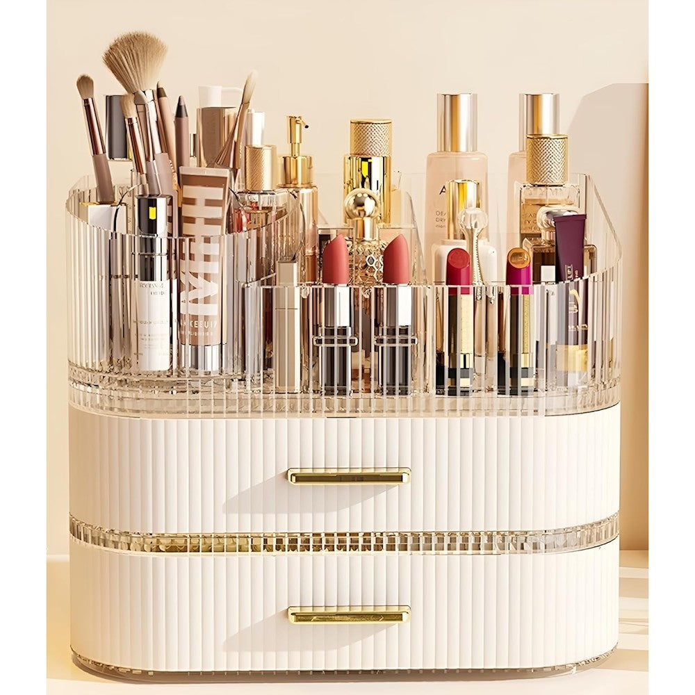 SpaceLuxe makeup organizer front view showcasing cream white finish and drawers on a vanity table.