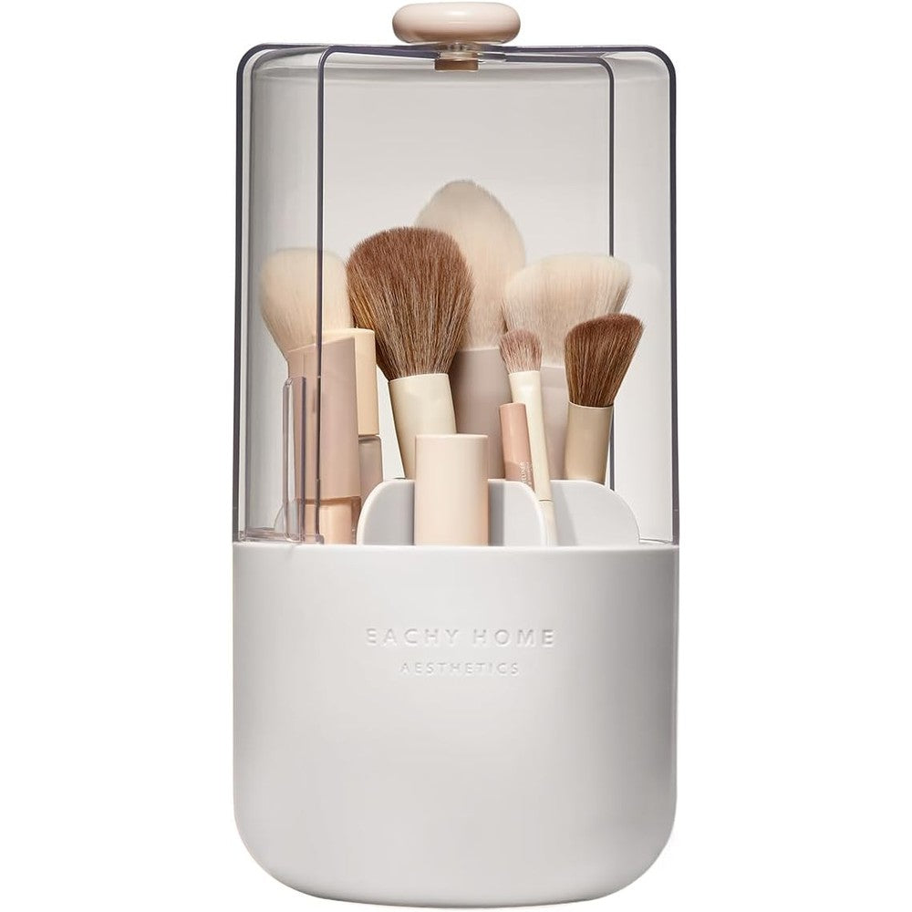 EACHY makeup brush holder front view featuring white rotating base and clear dustproof cover