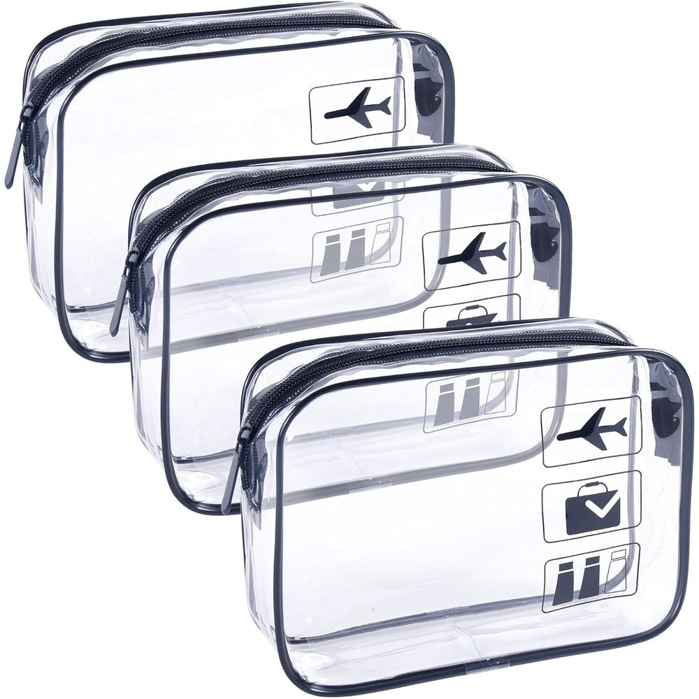 TREALDATE TSA Approved Toiletry Bag Three Pack front view showing transparent design with black zipper trim