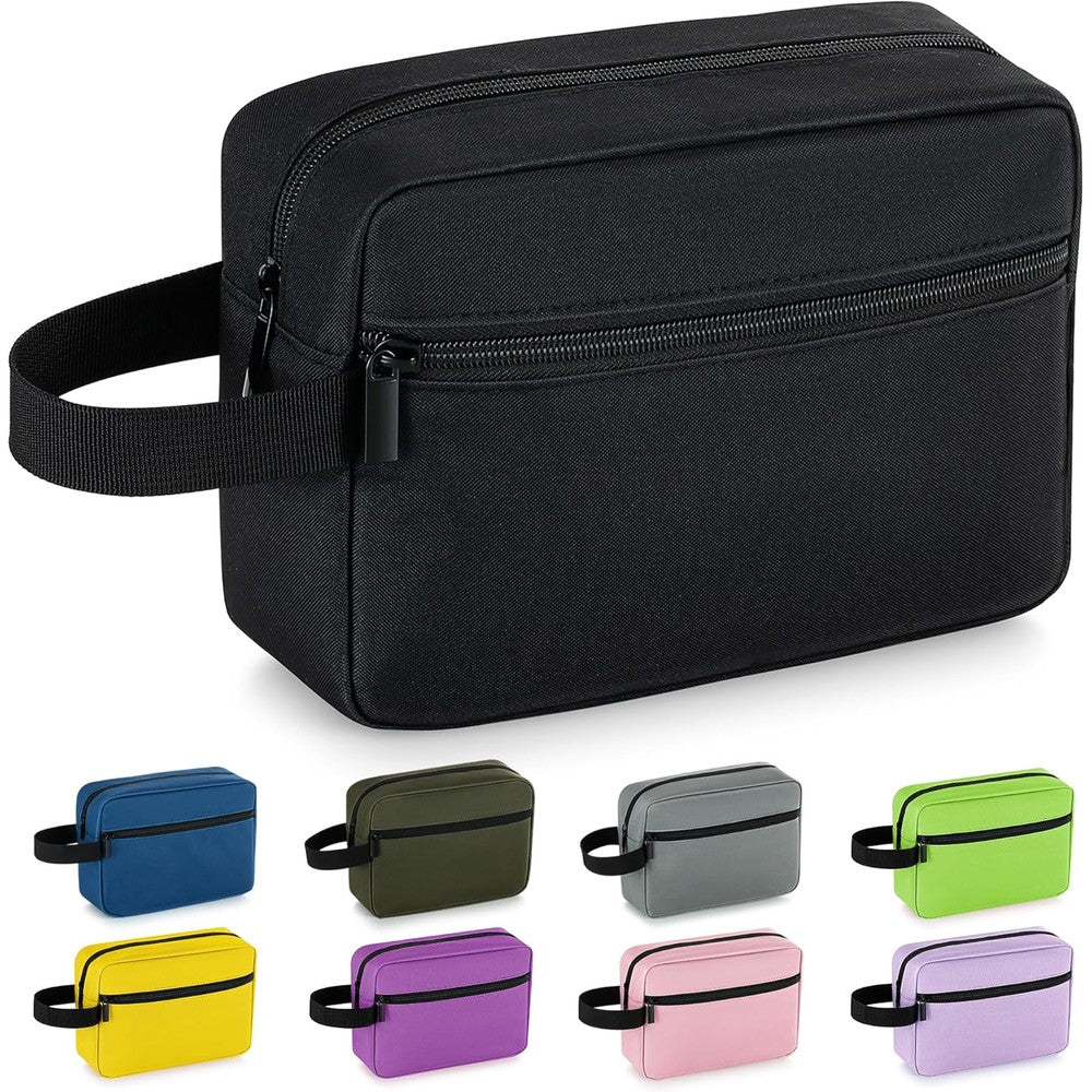 Elviros travel toiletry bag front view in solid black oxford fabric