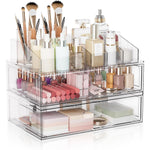 Aurblozen clear stackable makeup organizer front view displaying lipsticks and skincare bottles on a white vanity countertop