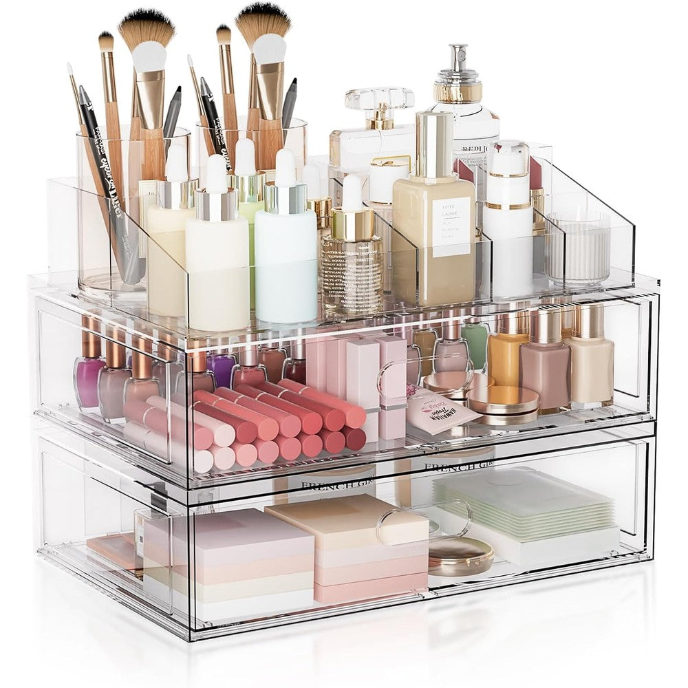 Aurblozen clear stackable makeup organizer front view displaying lipsticks and skincare bottles on a white vanity countertop