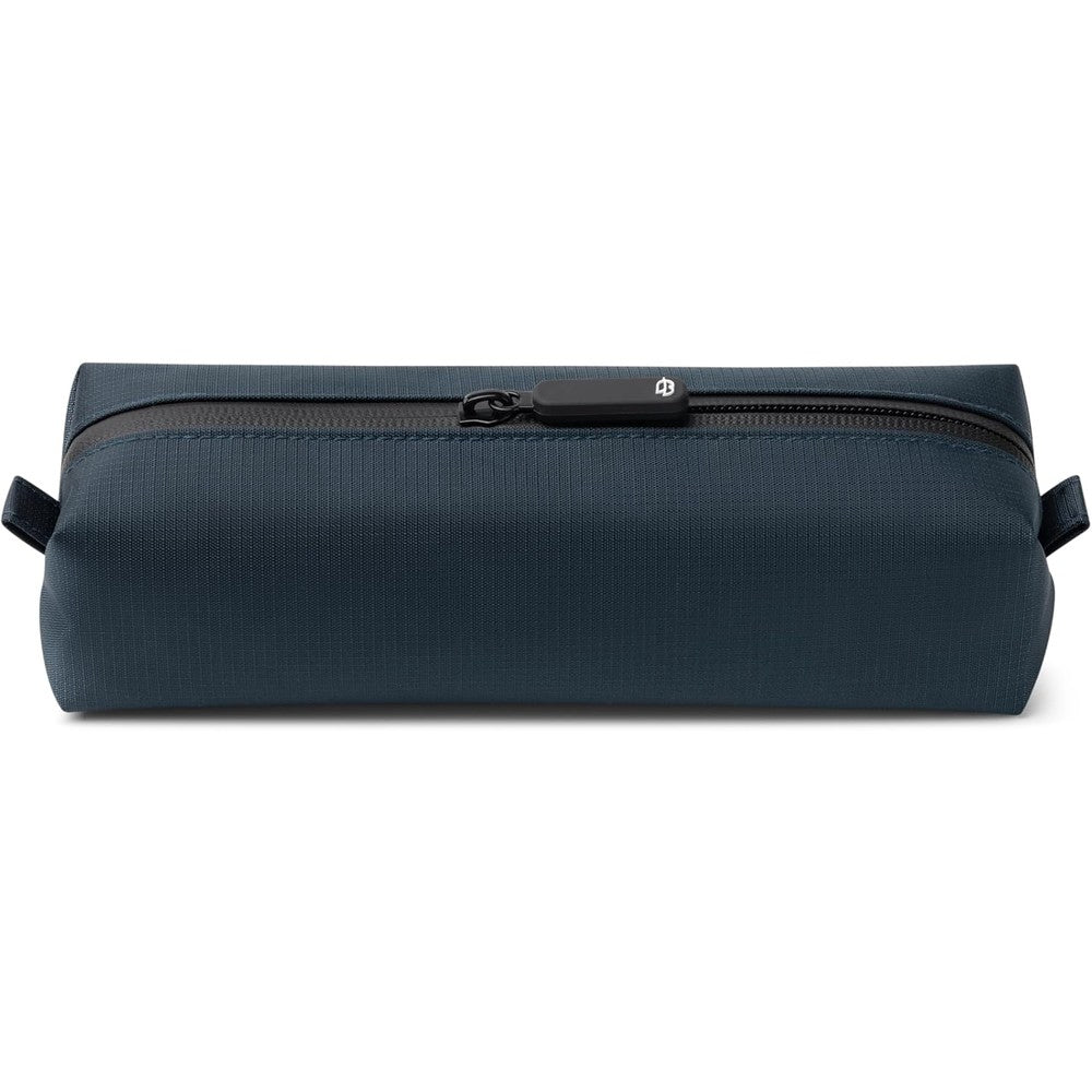 Comfyable small toiletry bag for men in blue front view showing slim rectangular design