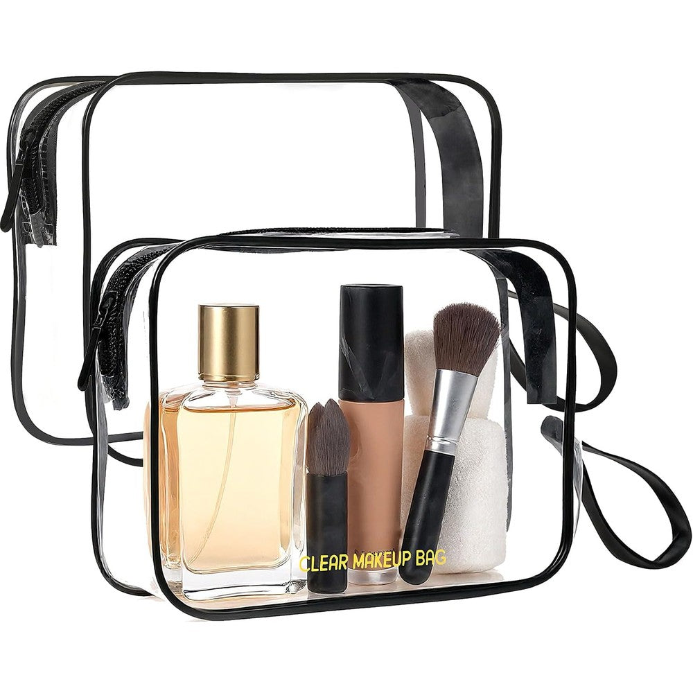Icramsy clear makeup bag two pack front view transparent travel pouch with black handles