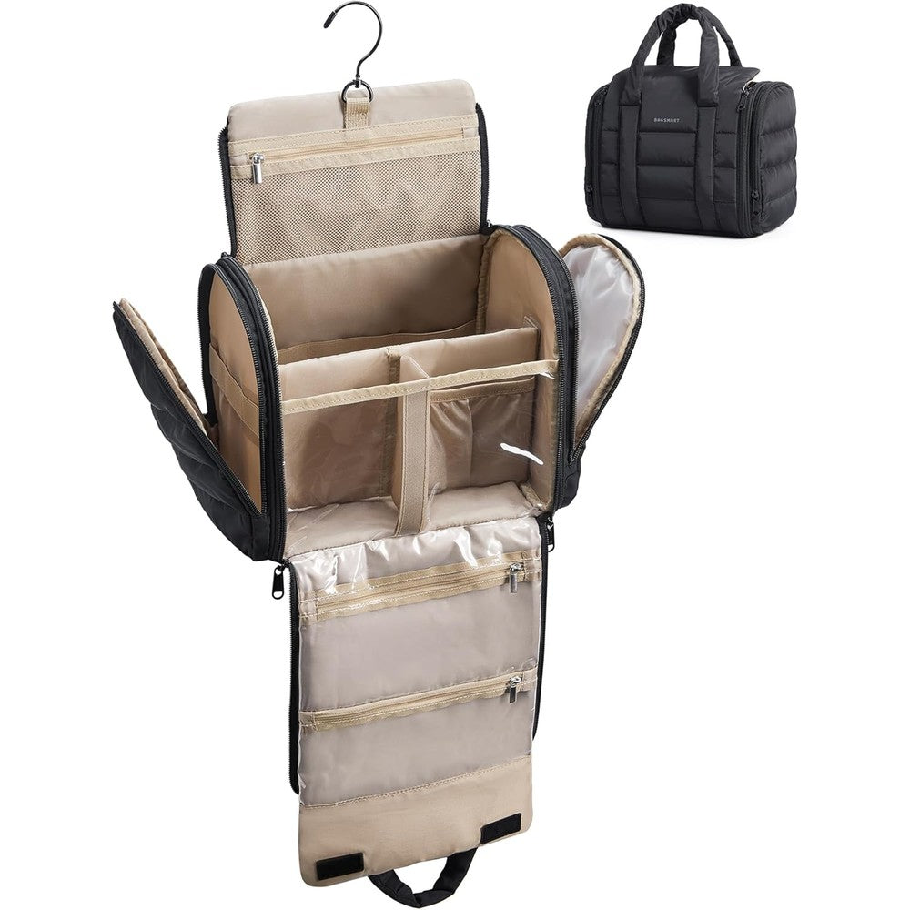 BAGSMART Travel Toiletry Bag in black showing the puffy quilted water-resistant front view.