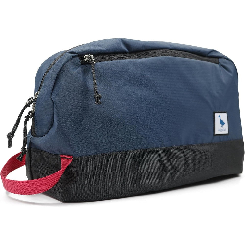 kalgoTeal travel toiletry bag front view showcasing blue abyss nylon fabric and red side handle details