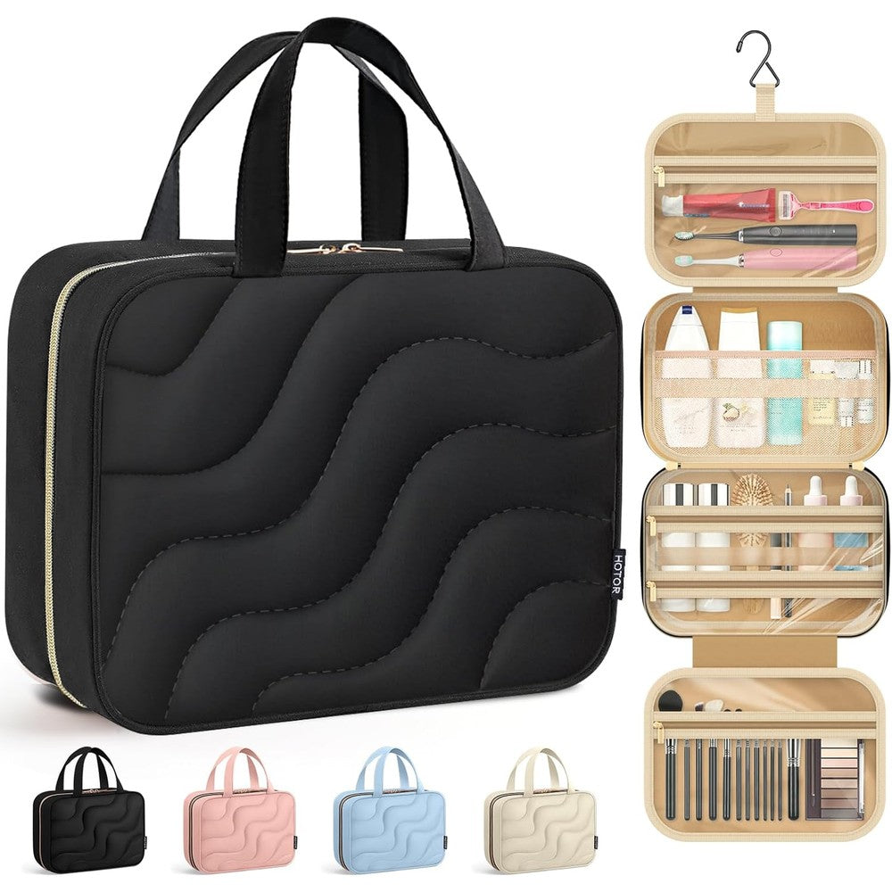 HOTOR hanging toiletry bag front view in black quilted fabric