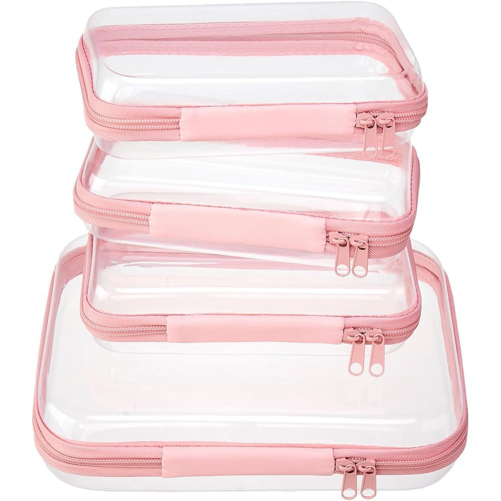 Welpirt clear zipper pouches four piece set front view showing light pink trim and stackable hard shell structure.