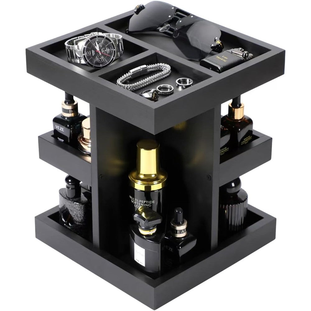 EXIN DECHEN cologne organizer for men 3 tier wood stand front view display
