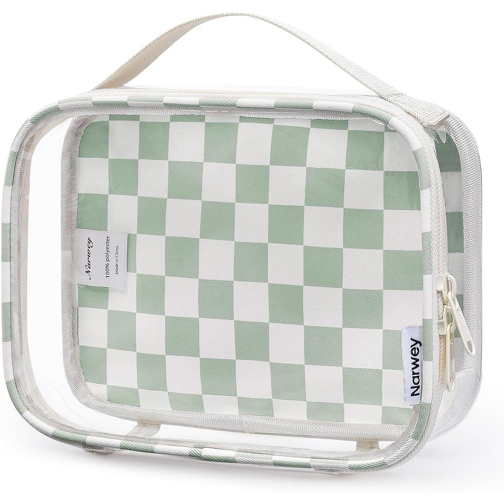 Narwey TSA Approved Clear Toiletry Bag front view showing transparent panel and mint green checkerboard pattern border.