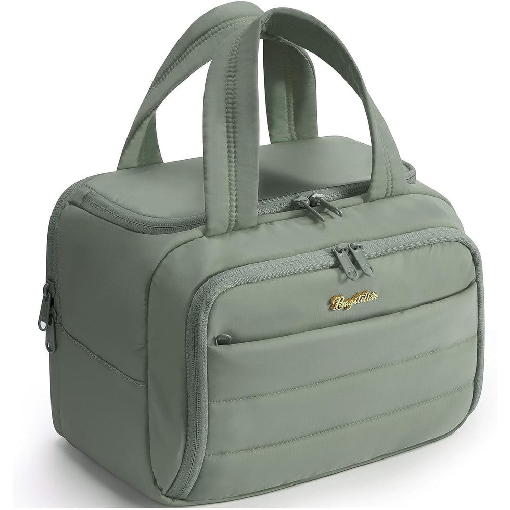 Bagstellar travel toiletry bag front view in sage green quilted fabric.
