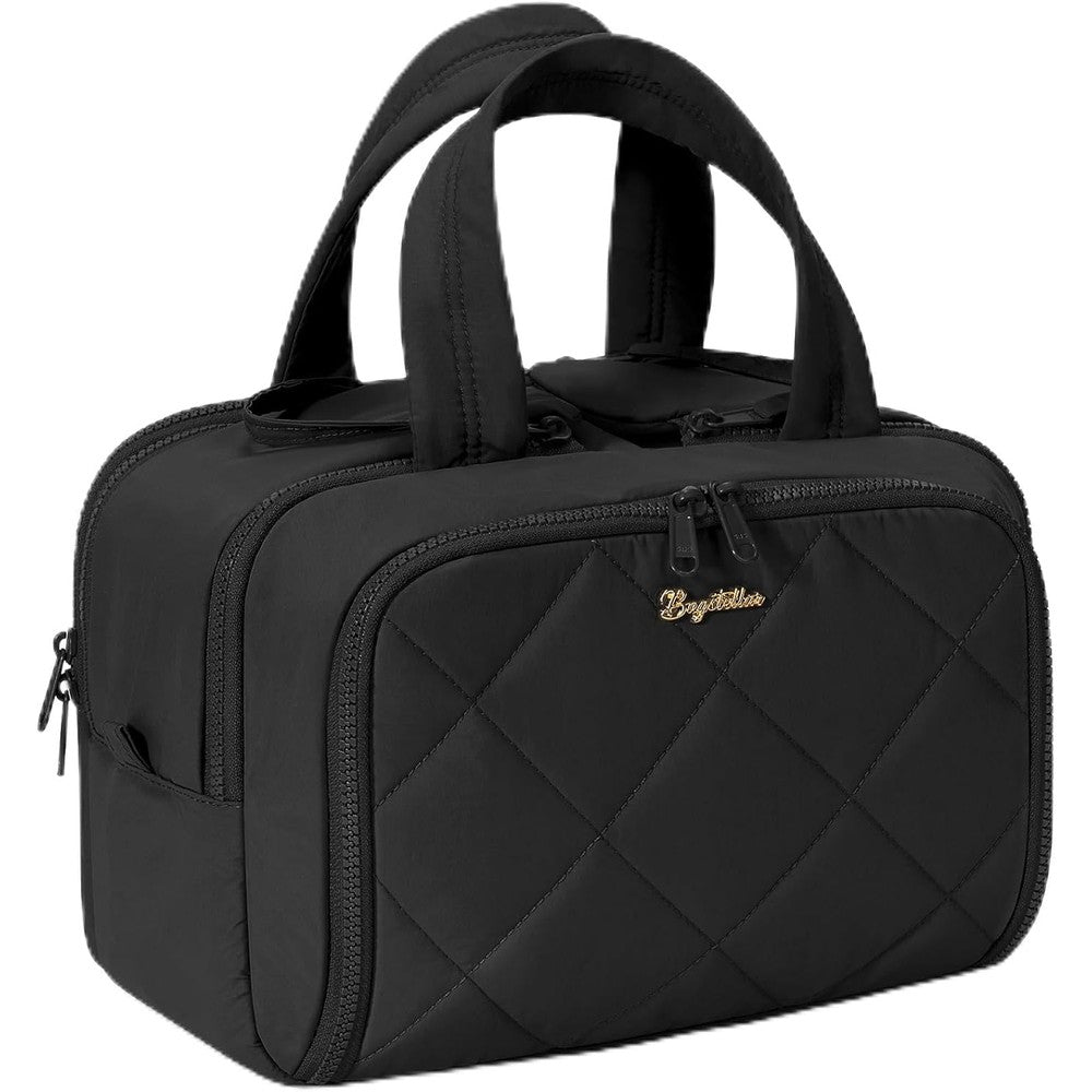 Bagstellar travel toiletry bag front view showcasing black quilted puffy design