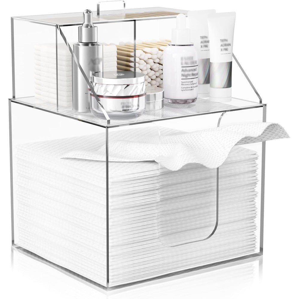 TAINESS disposable facial towels storage box front view clear acrylic vanity container