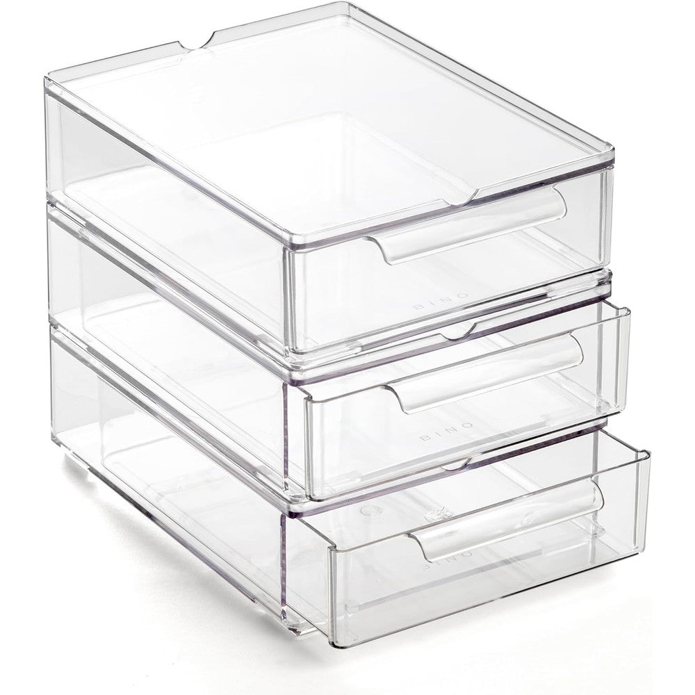 BINO clear stackable storage drawers small 3 pack front view showing transparent acrylic design for vanity organization.