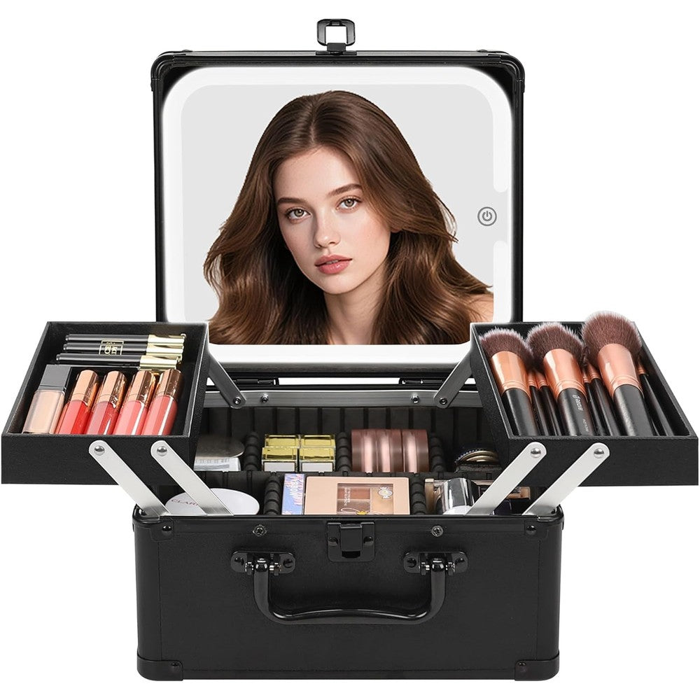 Chomeiu makeup bag with LED mirror front view displaying the hard black protective exterior shell