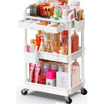 SUNALLY makeup cart organizer front view showing four white storage tiers and rolling wheels.