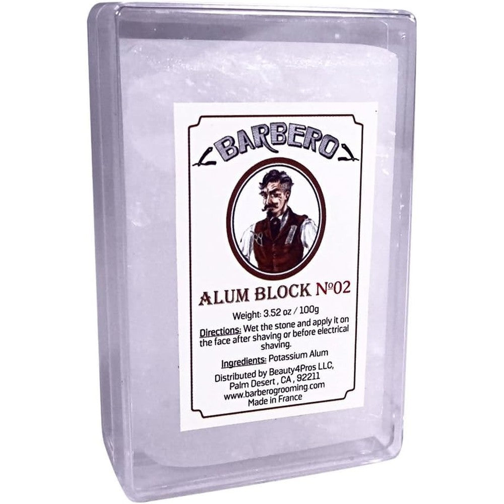 Barbero Alum Block in plastic travel case front view post shave mineral stone