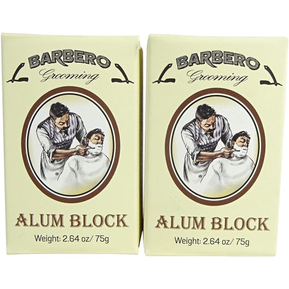Barbero Alum Block front view of the two pack packaging for premium post shave care.