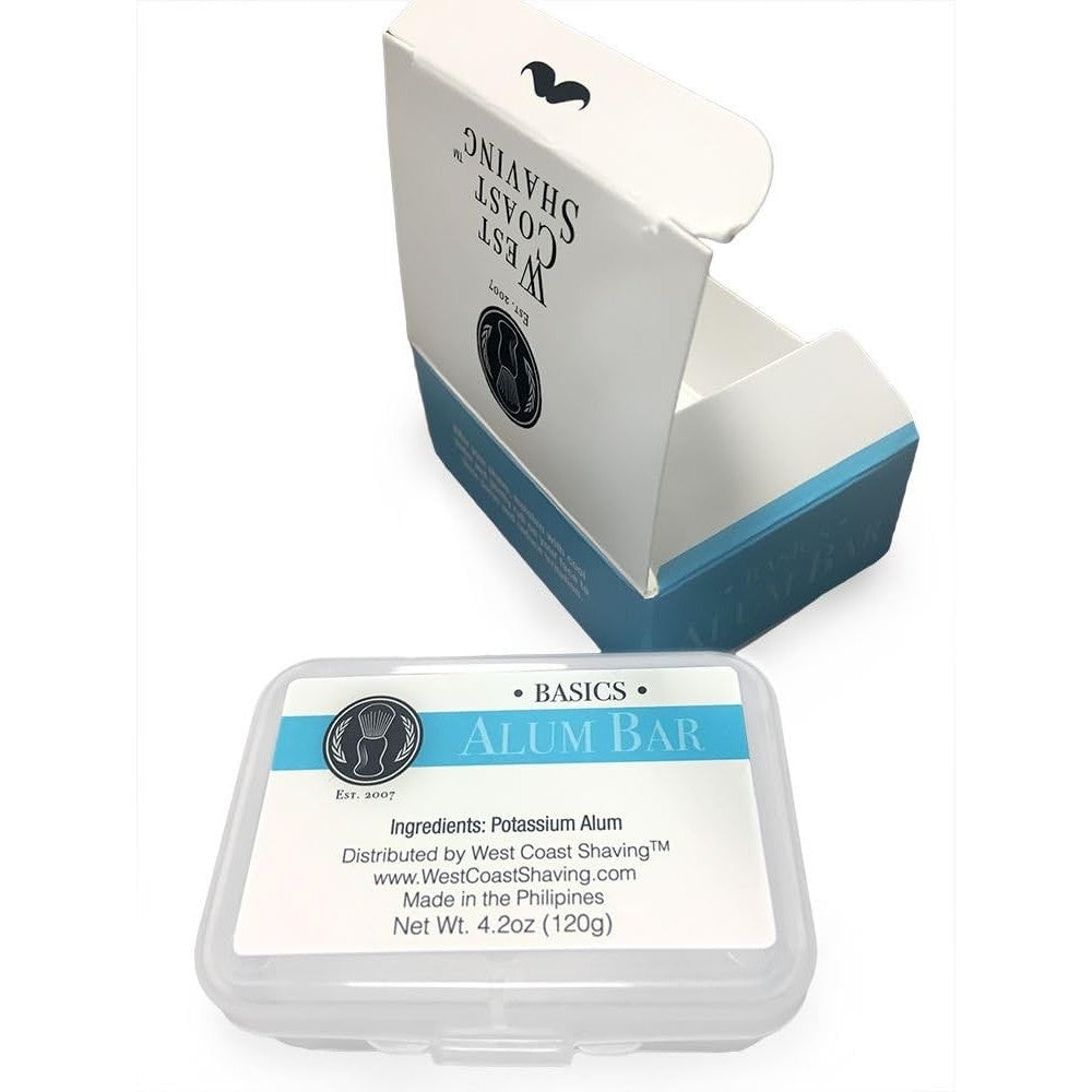 West Coast Shaving Basics Alum Aftershave Bar front view showing the 120 grams block in its protective plastic container for traditional men's grooming.