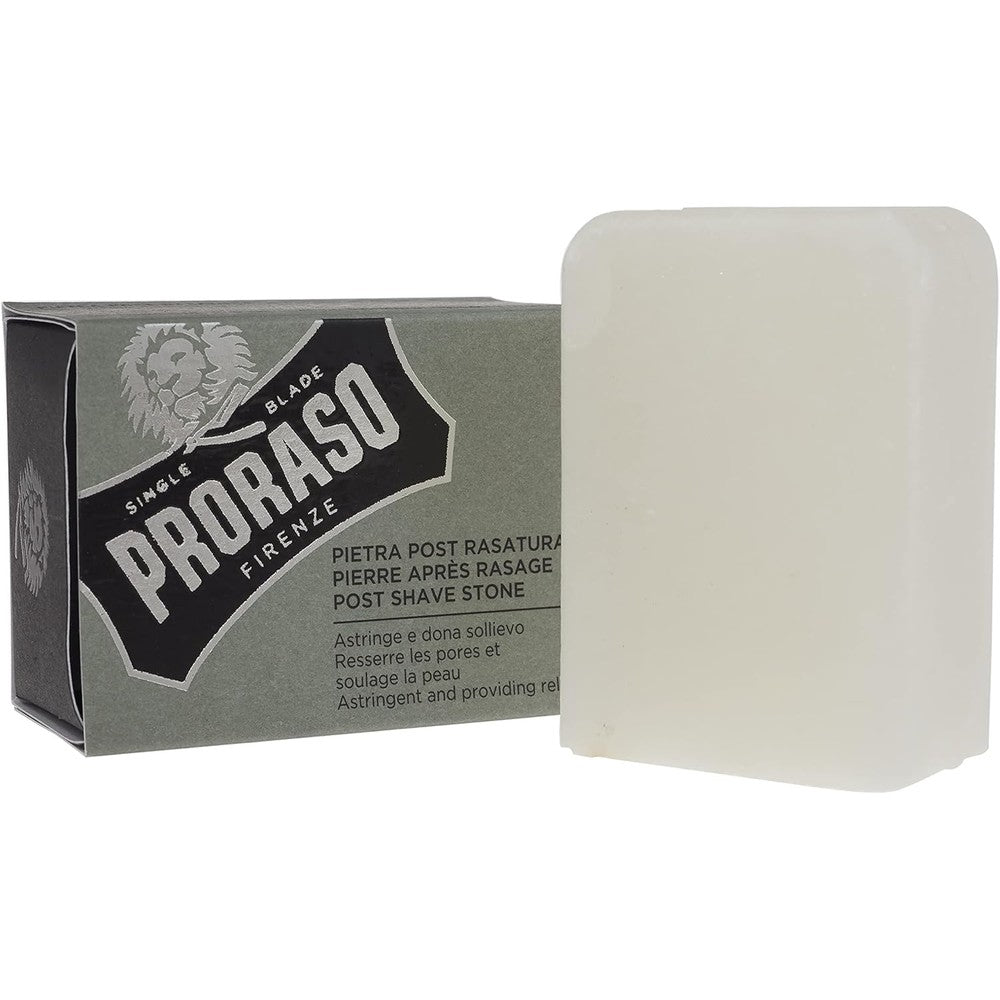 Proraso Post Shave Stone Natural Alum Block front view of packaging for traditional wet shaving.