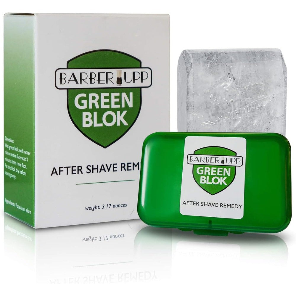 BarberUpp Natural Alum Block front view with its green travel case