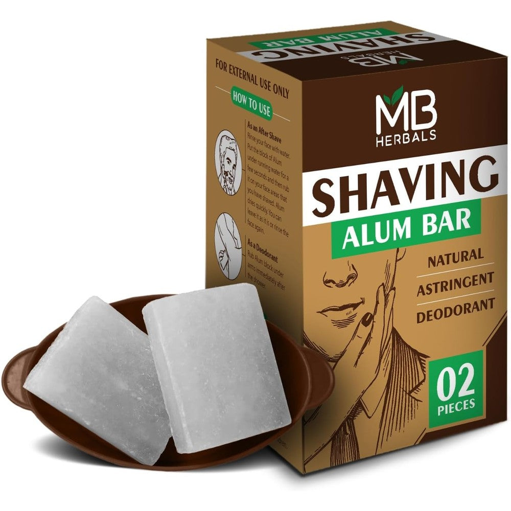 MB Herbals Shaving Alum Blocks front view package showing two potassium alum bars for post shave care.