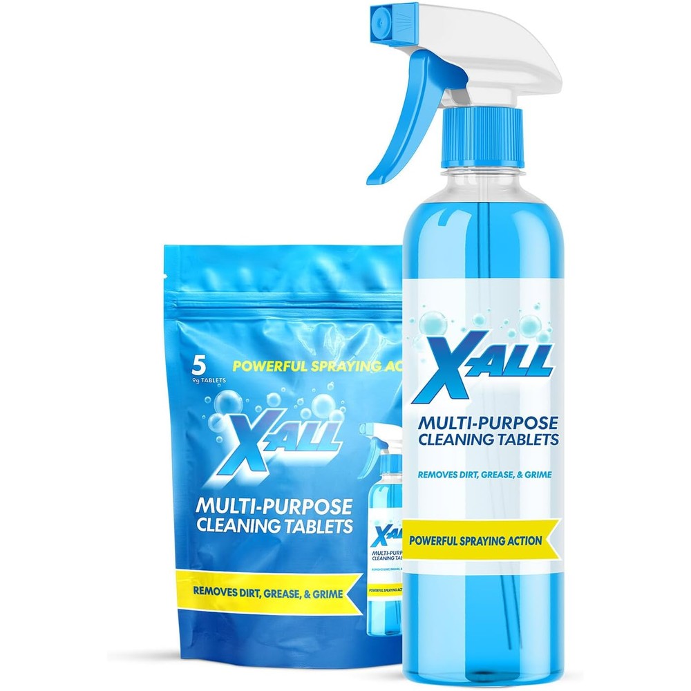 X-ALL Multi Purpose Cleaner kit showcasing the reusable blue spray bottle and cleaning tablets package front view