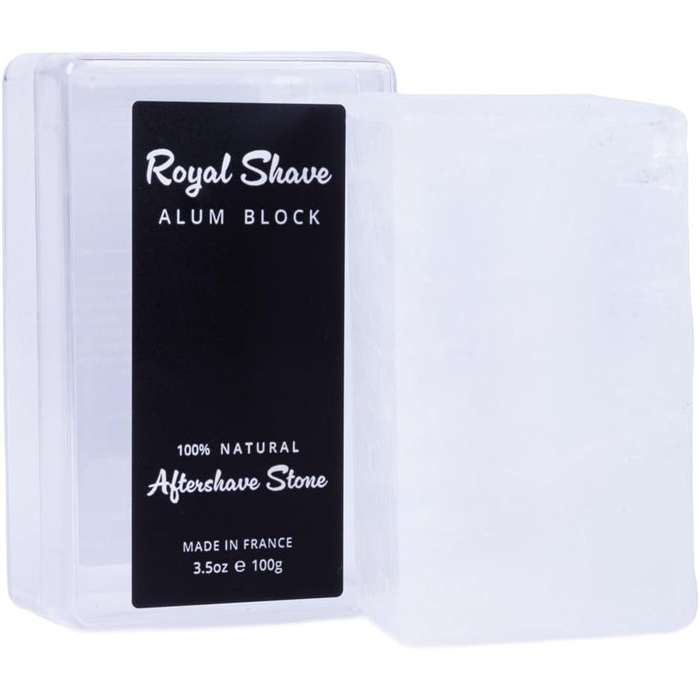 Royal Shave natural alum block aftershave stone front view in travel case