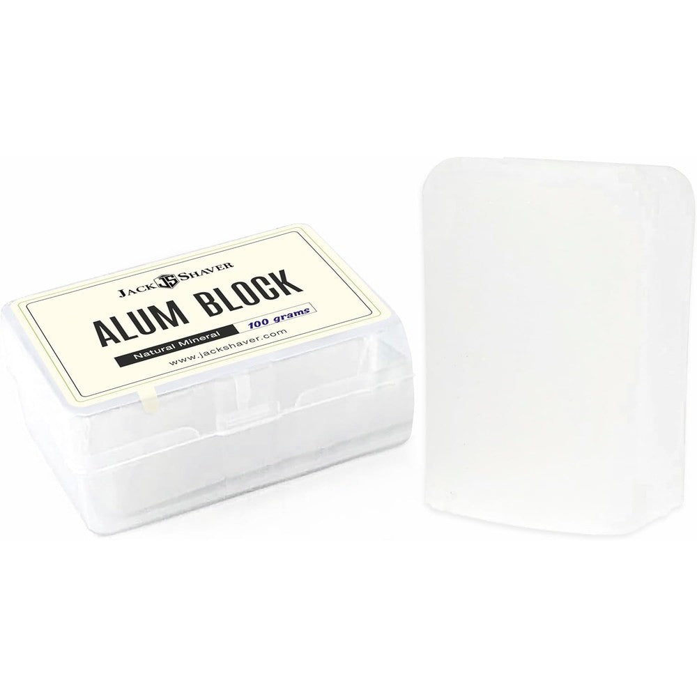 Jack Shaver Natural Alum Block front view of authentic aftershave stone in open plastic packaging