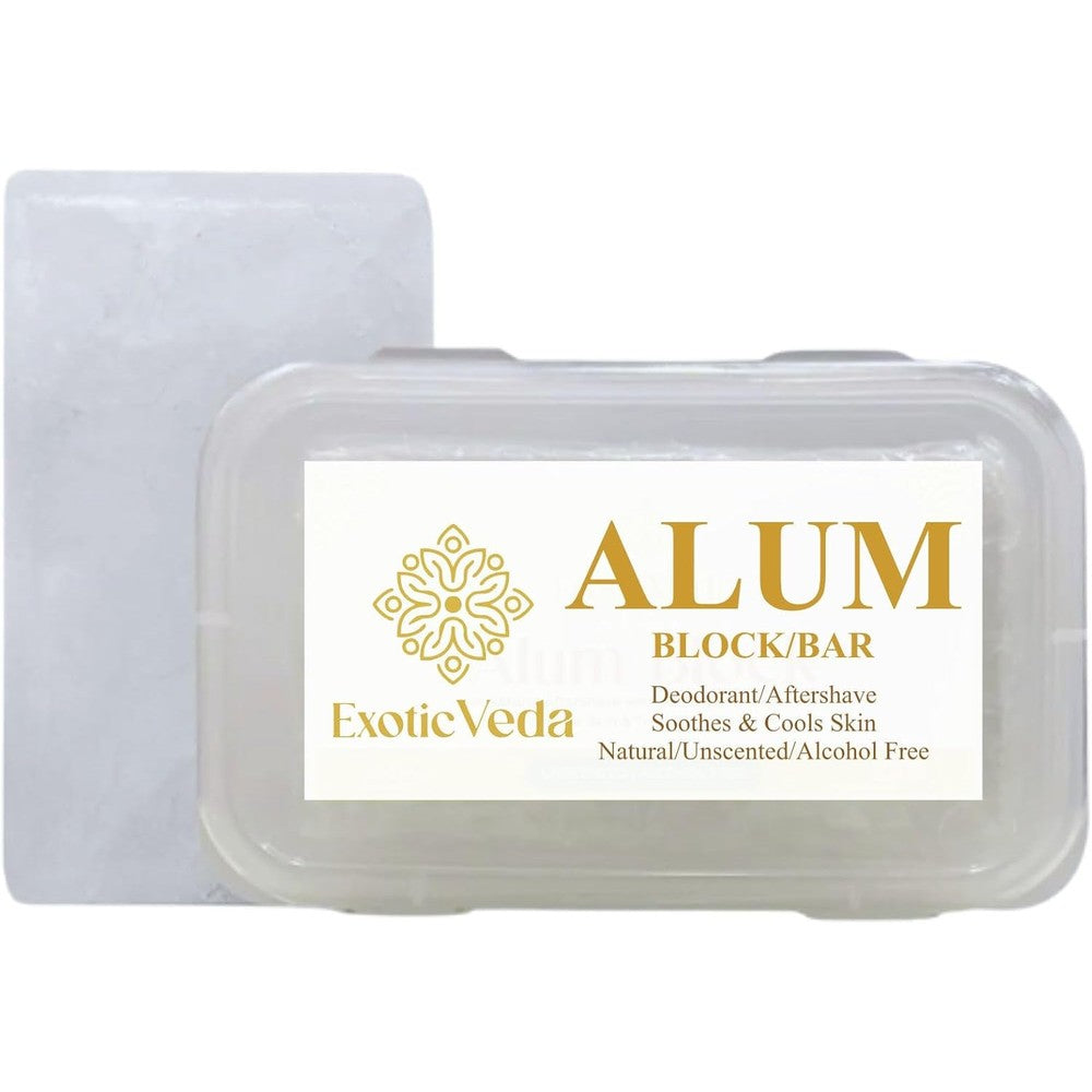 Exotic Veda Pure Alum Block front packaging view showing the mineral fitkari stone for natural grooming.