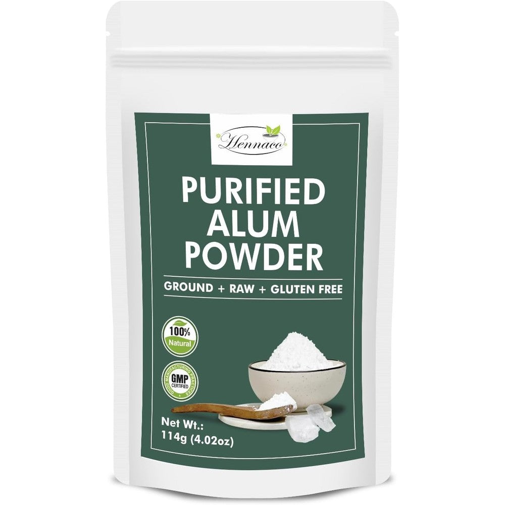 Hennaco organic alum powder front view packaging for natural skincare