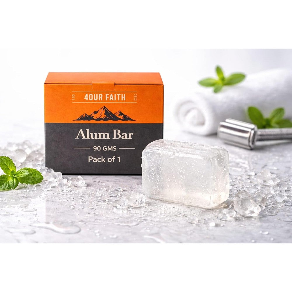LetsShave 4OUR FAITH natural potassium alum fitkari stone bar front view for authentic Indian grooming routines.