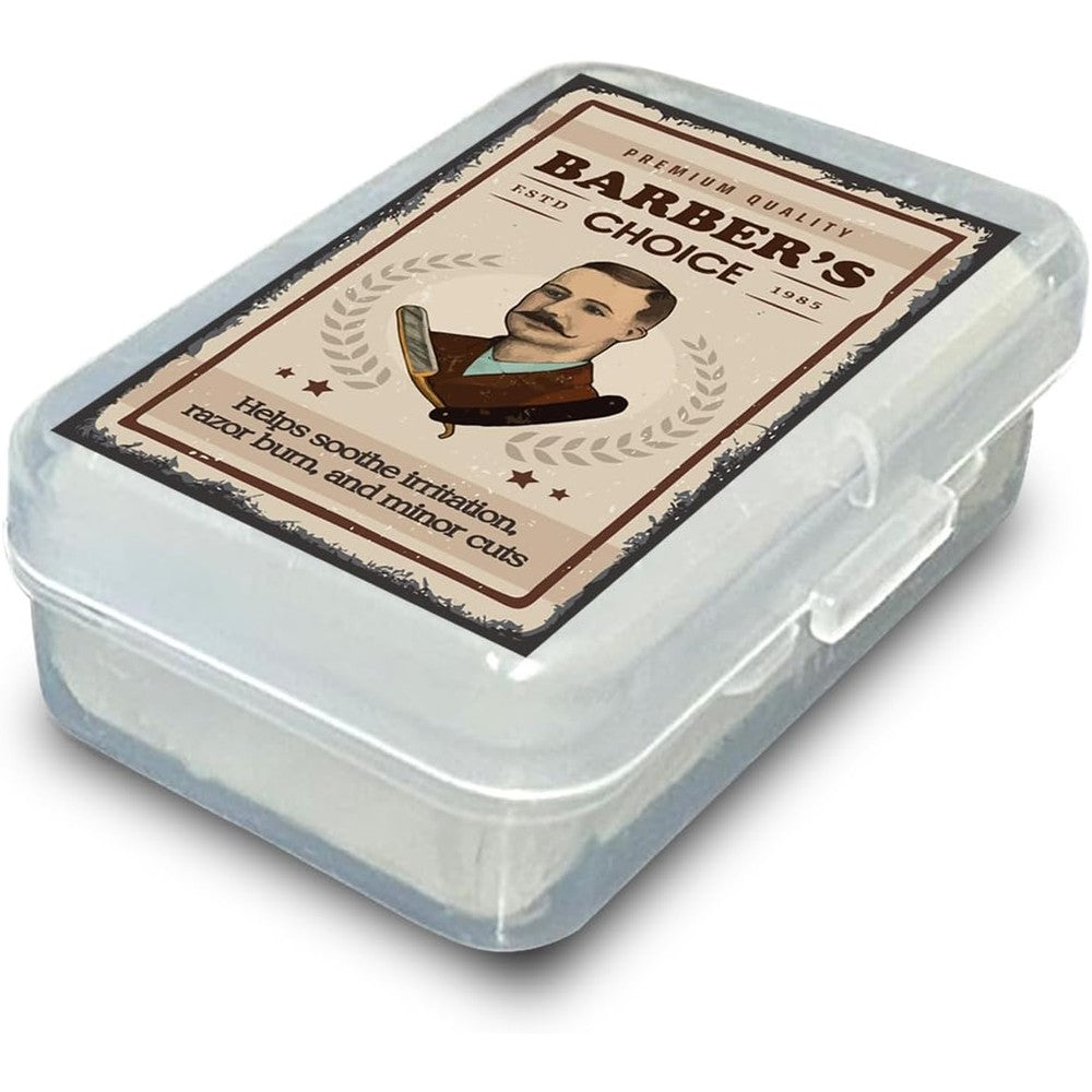 Pacific Pelican Barber's Choice Alum Block in its transparent plastic storage case front view.