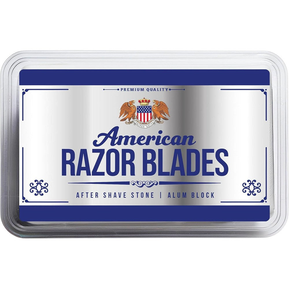 American Razor Blades alum block aftershave in plastic case front view