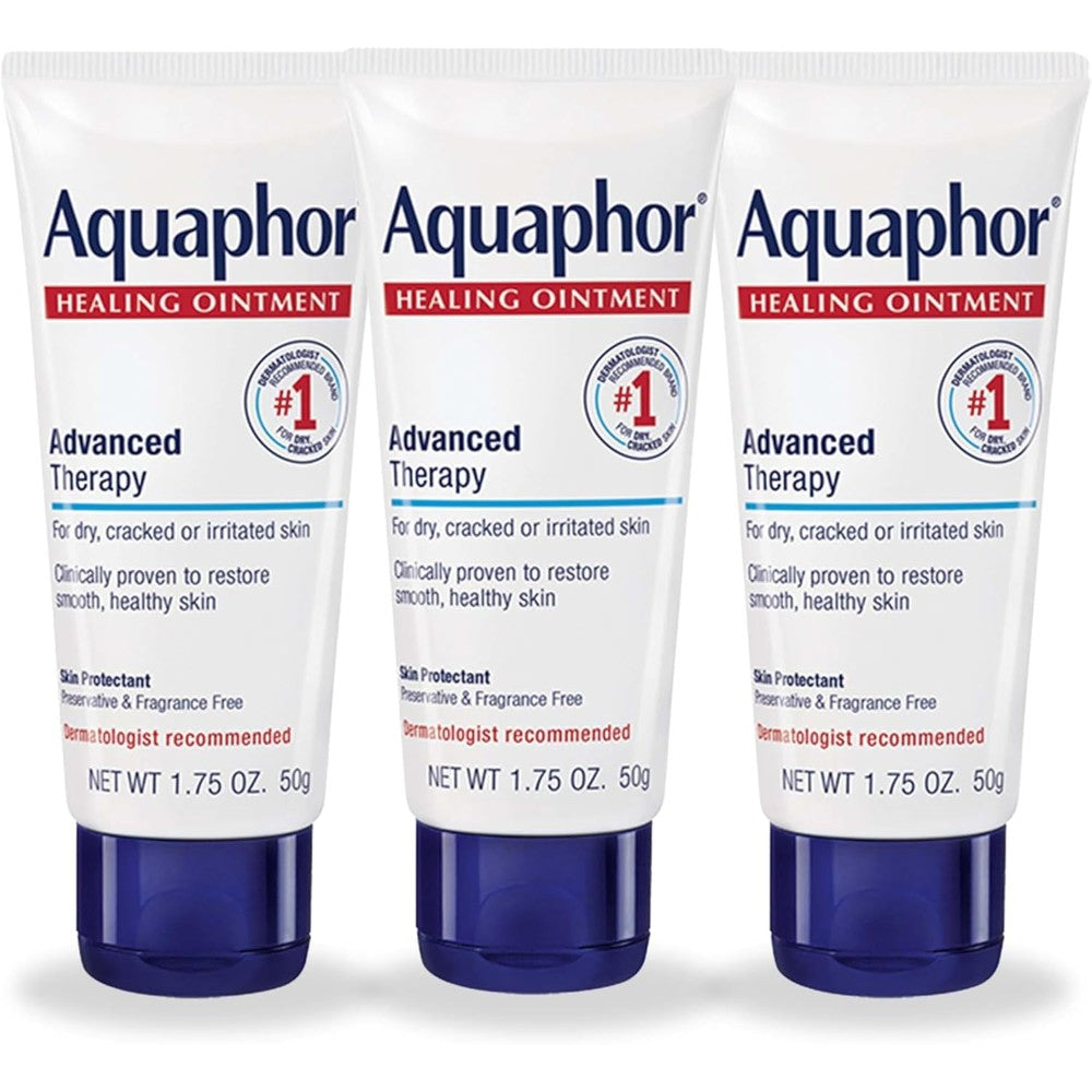 Aquaphor Advanced Therapy Healing Ointment three pack front view showing imported skin protectant tubes.