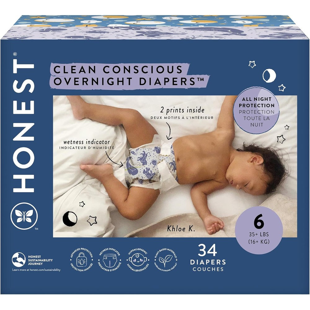 The Honest Company Comfort Dry Overnight Diapers size 6 club box front view for heavy wetters.