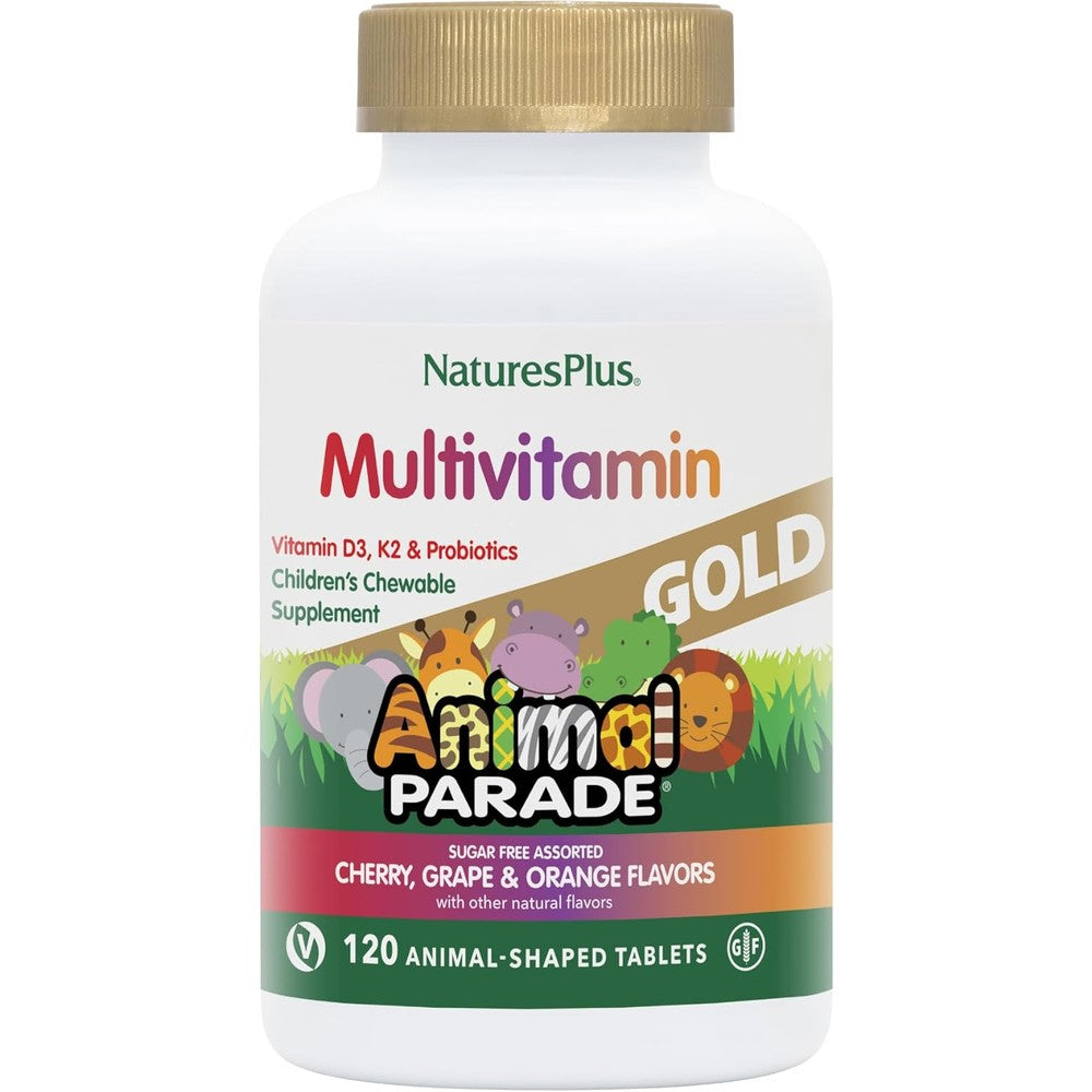 NaturesPlus Animal Parade Gold Children's Multivitamin front bottle view for daily kids wellness.