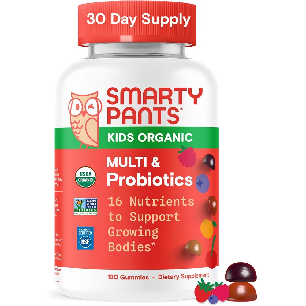 SmartyPants Organic Kids Multivitamin 120 Gummies bottle in three fruit flavors