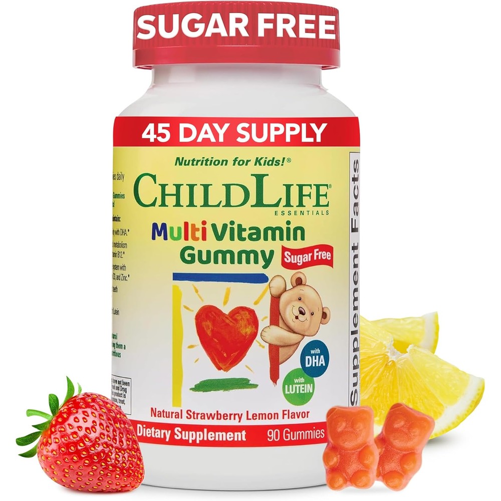 ChildLife Essentials Multivitamin Gummies for Kids front view bottle showing strawberry lemon flavor details
