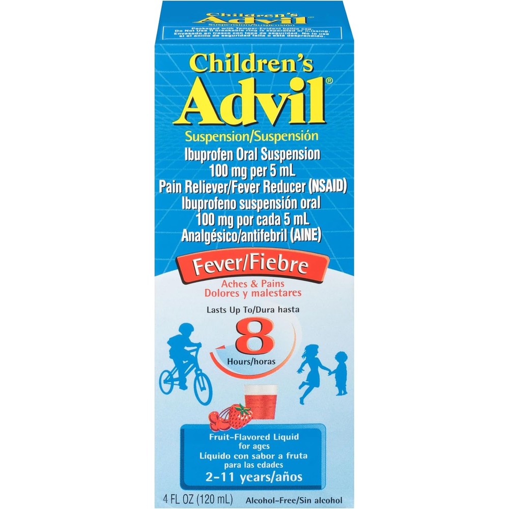 Advil Children's Ibuprofen Liquid front packaging for pediatric fever relief.
