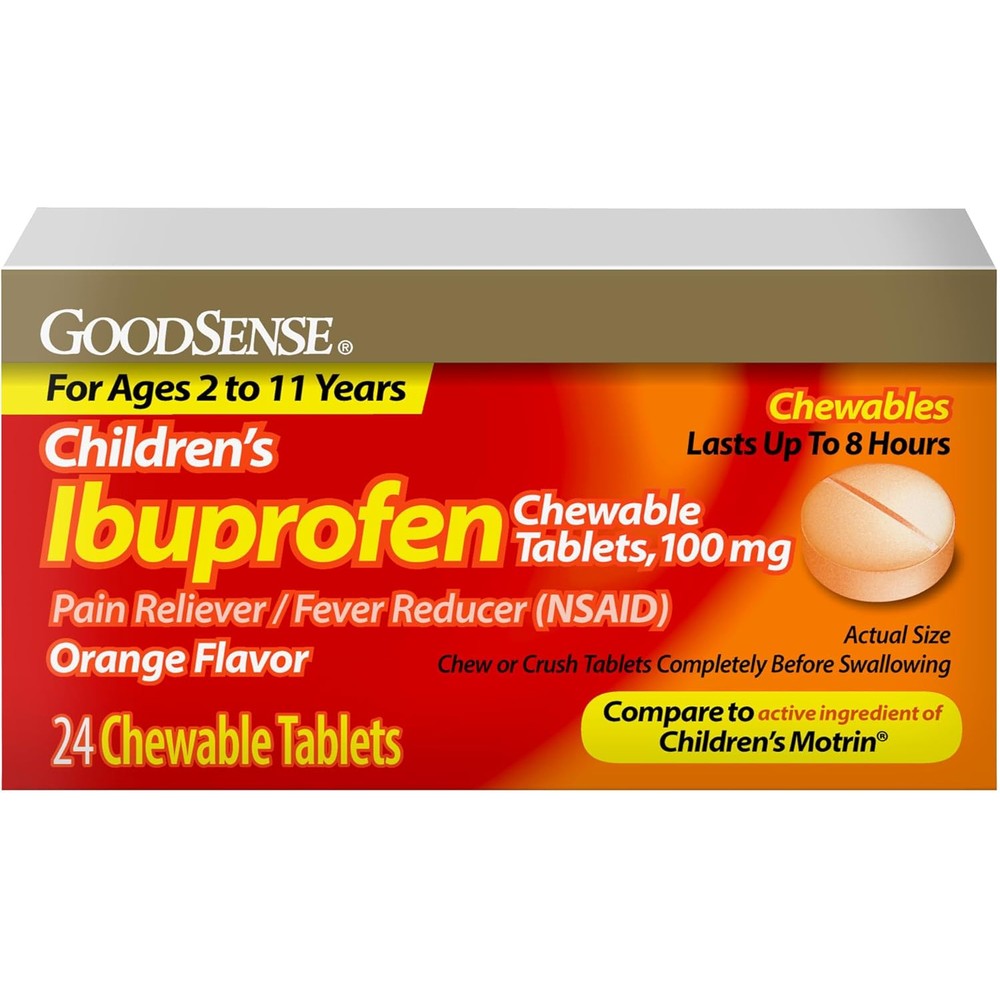 GoodSense Children's Ibuprofen 100mg 24 count bottle front view for kids fever relief