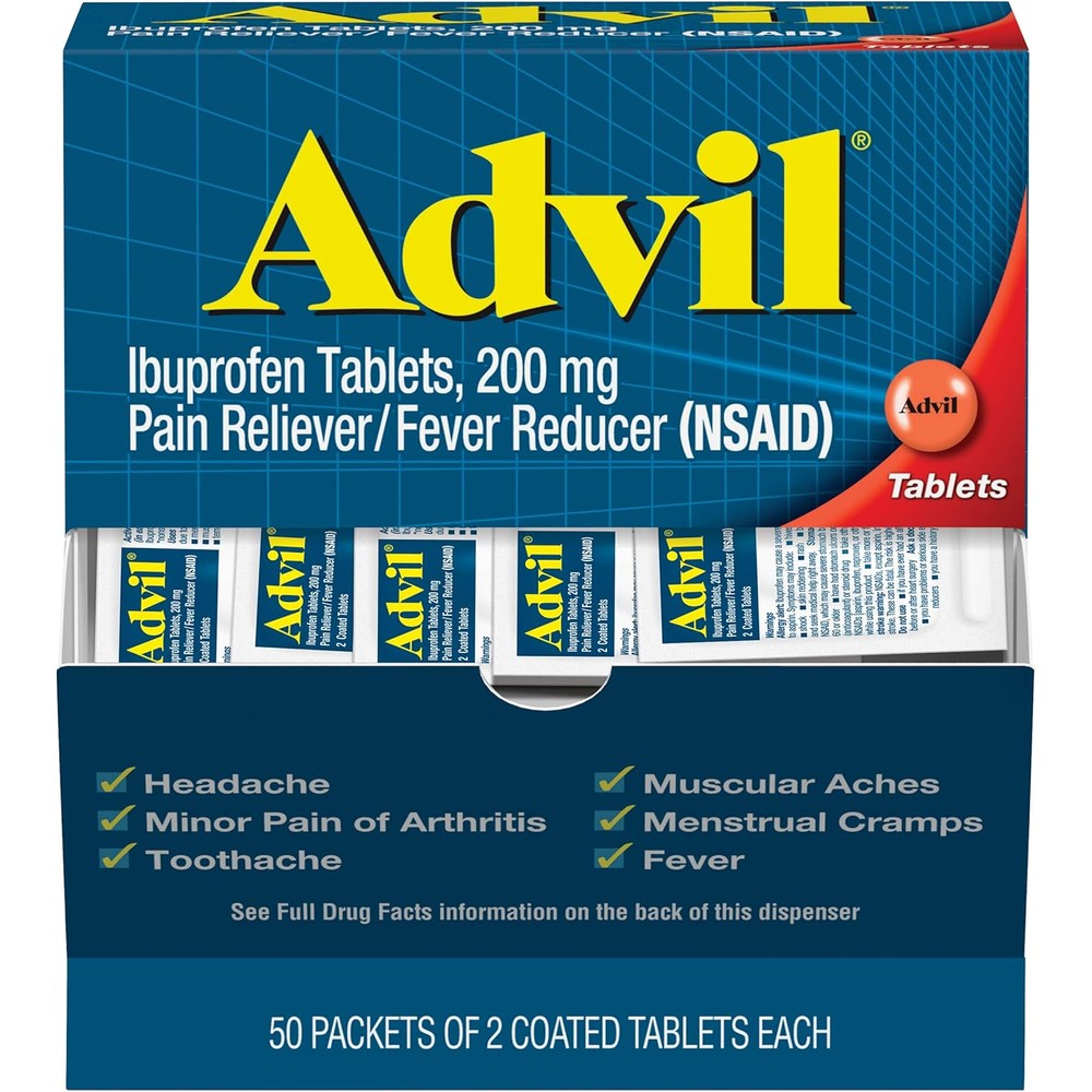 Advil Ibuprofen 200mg Pain Reliever 50 Packets front view dispenser box