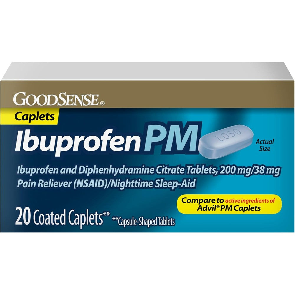 GoodSense Ibuprofen PM 20 count box front view for nighttime pain relief.