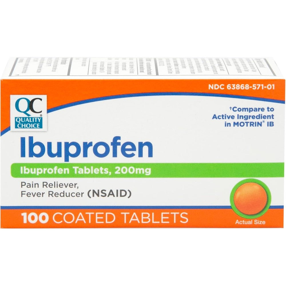 Quality Choice Ibuprofen 200 mg 100 Tablets front view for pain relief.