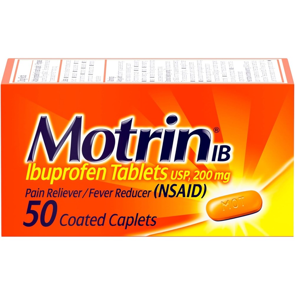 Motrin IB Ibuprofen 200mg 50 Count bottle front view for pain relief
