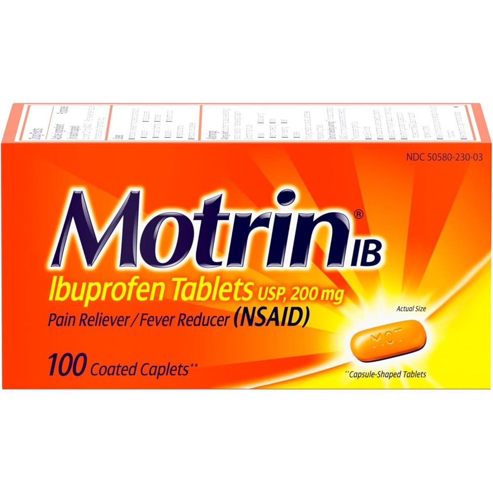 Motrin IB Ibuprofen 200mg 100 count front packaging for pain relief