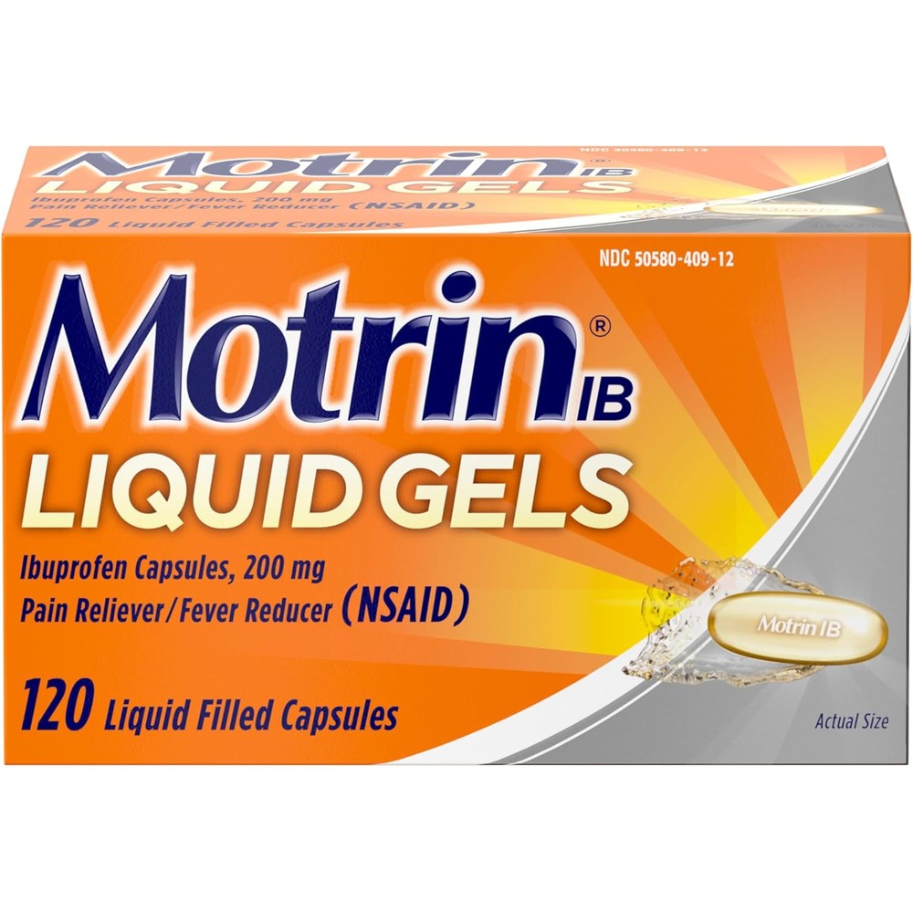 Motrin IB liquid gels 120 capsules bottle for fast muscle and bosy pain relief