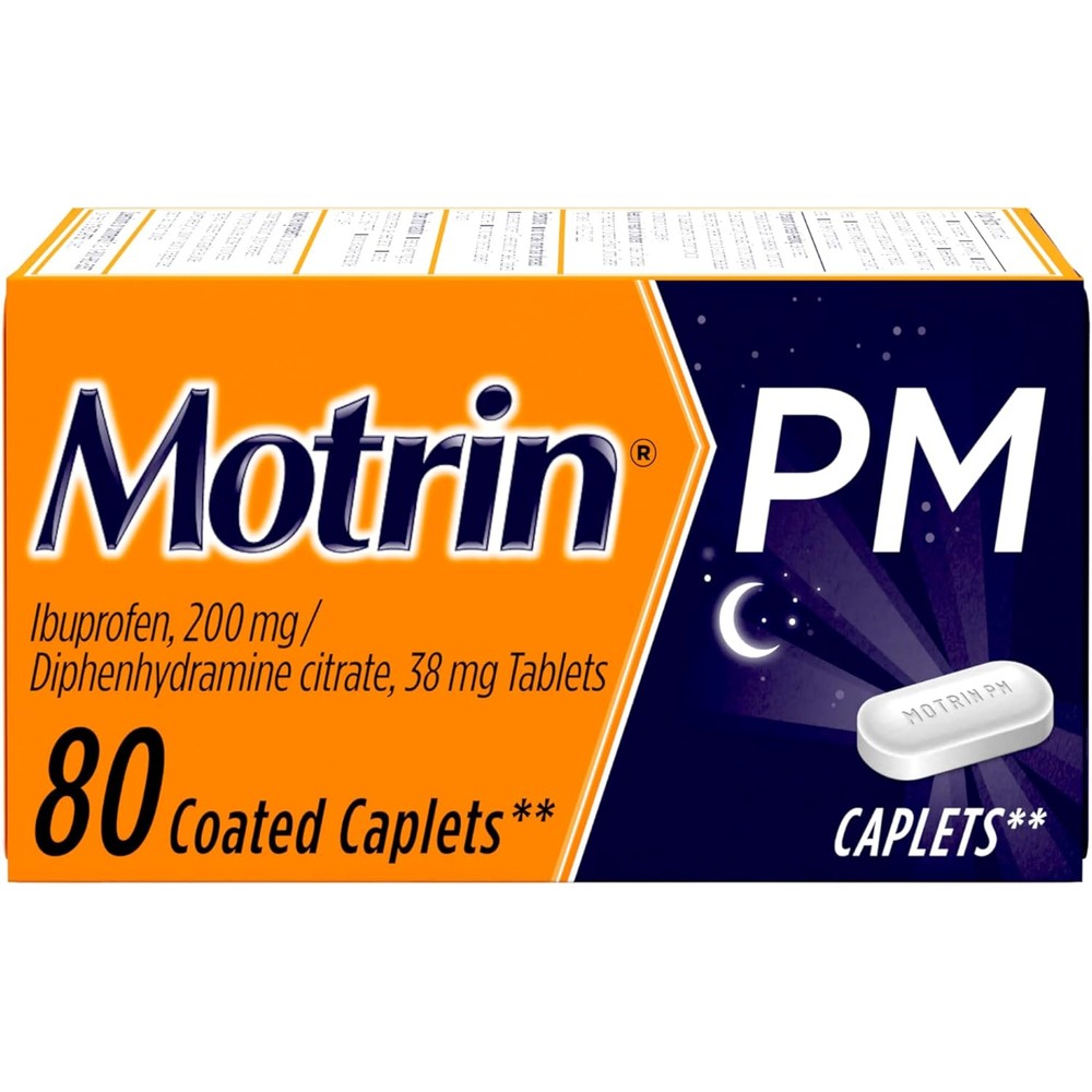 Motrin PM 80 count bottle front view for nighttime pain relief.